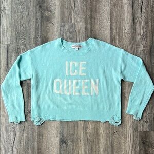 Wildfox Sweater Blue Distressed Ice Queen Long Sleeve Sweater Size Medium